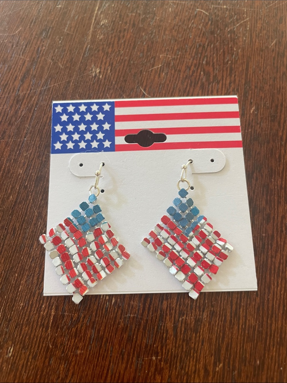 American Flag Mesh Drop Earrings. Lightweight. New on product board.